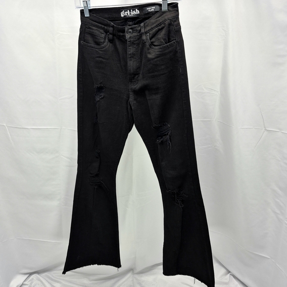 GIRL.ISH Denim - GIRL.ISH Distressed High Rise Raw Hem Flare Black Jean Size 5/27 L.A. Designer